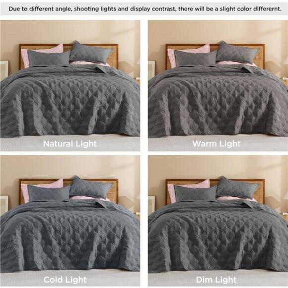 King Size Quilt Set Grey, Lightweight Comforter Gray - 3 Pieces - Picture 3 of 6
